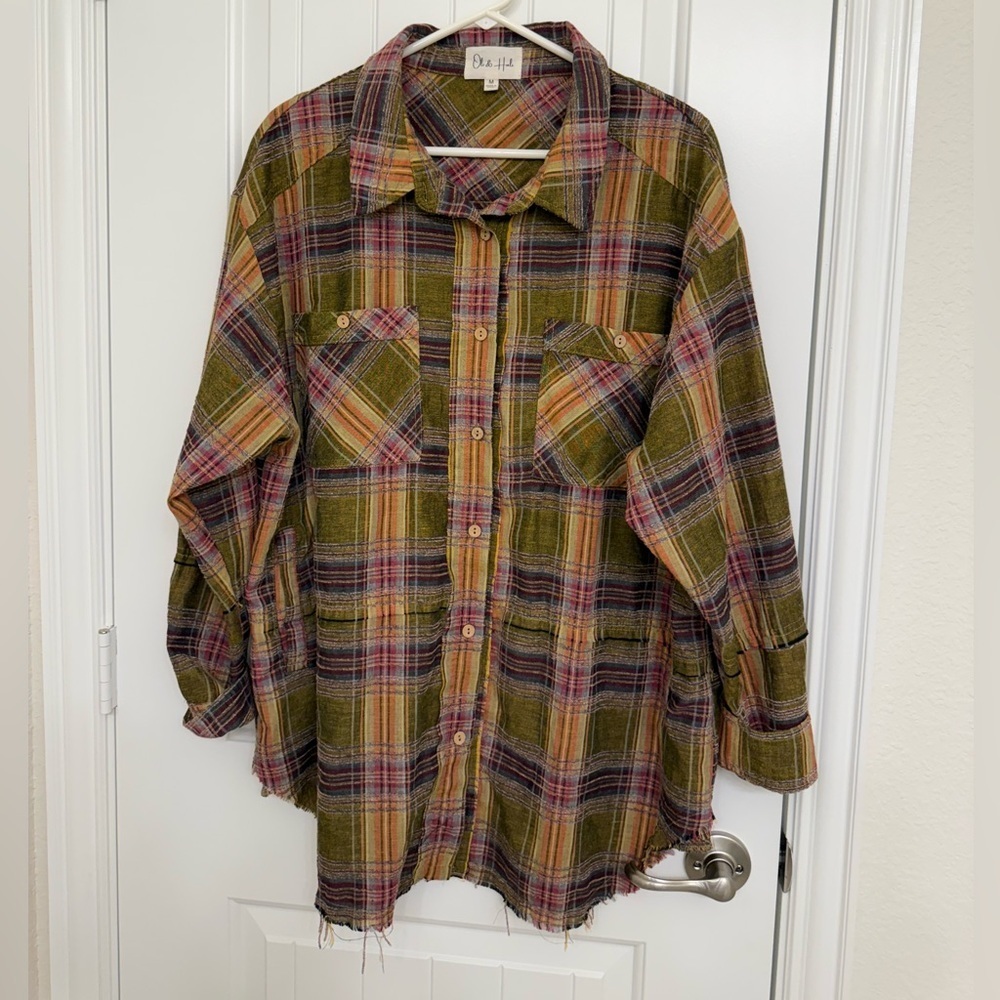 Oli & Hali Mineral Washed Plaid Shirt raw edge sz M - Picture 3 of 7